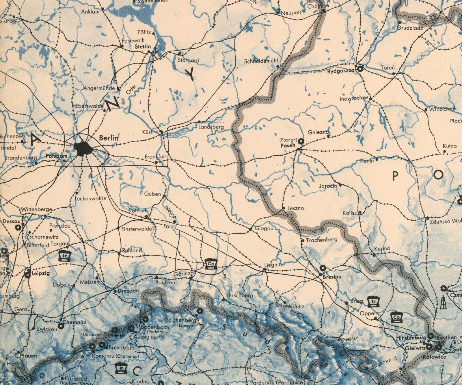 Historische Karte des Gebiets zwischen Berlin und Breslau